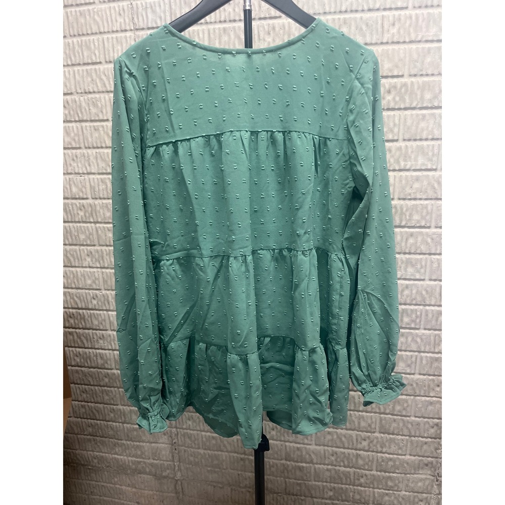 RolyPoly Sage Green Swiss Dot Tiered Babydoll Blouse Long Sleeve Ruffle Cuff M